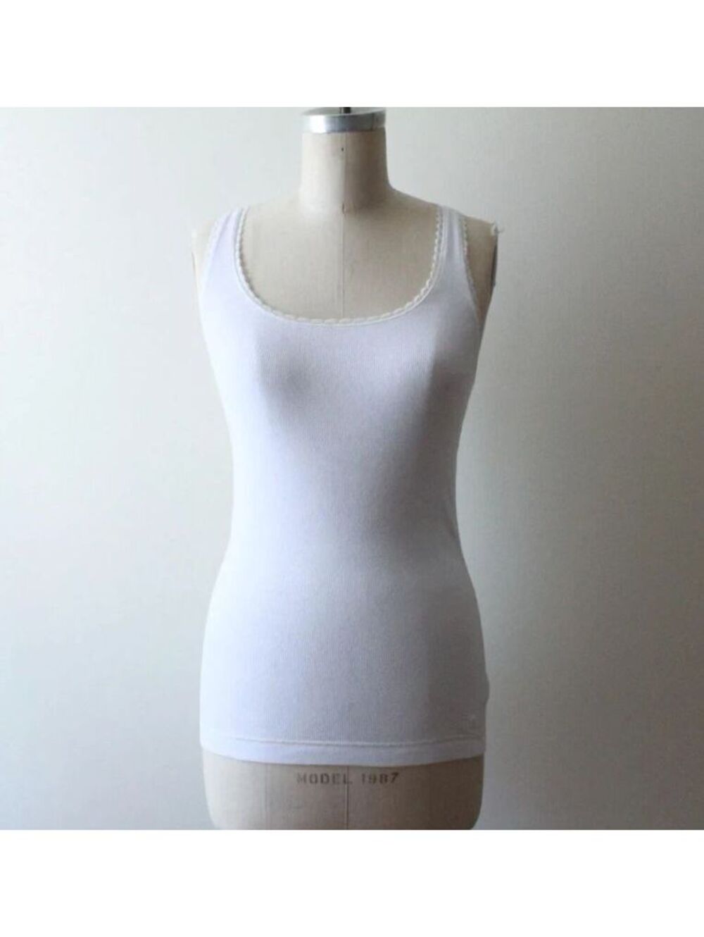 American Eagle White Ribbed Tank Top with Lace Trim, Scoop Neck Racerback, Size
